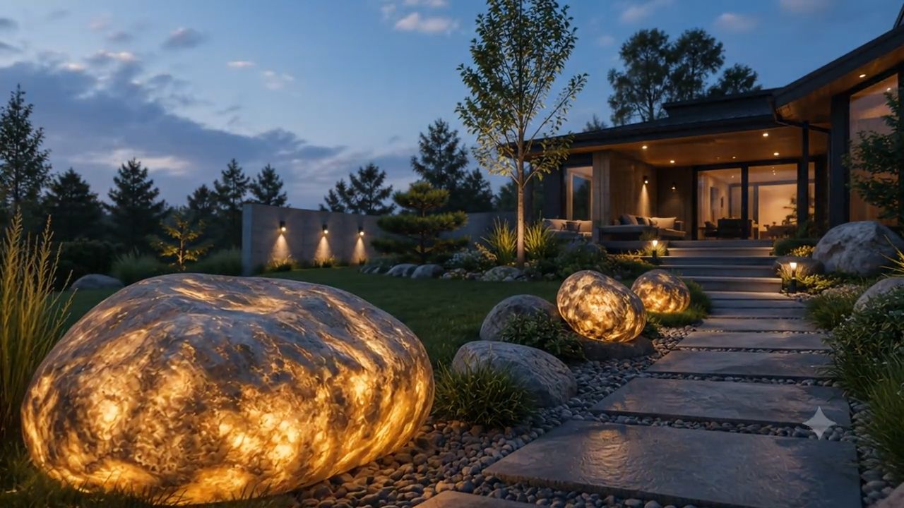 LumiRock glowing natural stone in premium evening landscape